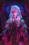  1girl bandage_over_one_eye bandaged_arm bandages bare_shoulders black_pantyhose black_skirt breasts closed_mouth commentary detached_sleeves dress earrings english_commentary flower glitch grey_eyes grey_hair halter_dress halterneck highres holding holding_flower jewelry long_hair looking_at_viewer low_twintails medium_breasts pantyhose phrolova_(wuthering_waves) red_dress red_spider_lily single_detached_sleeve skirt solo tacet_mark_(wuthering_waves) torn_clothes torn_pantyhose twintails very_long_hair wuthering_waves zheng_jian 