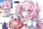  ... 2girls arrow_(symbol) bilizinger blue_eyes bracelet chinese_commentary commentary_request crown elf elysia_(honkai_impact) elysia_(miss_pink_elf)_(honkai_impact) elysia_(summer_miss_elf)_(honkai_impact) food food_in_mouth fruit hairband highres honkai_(series) honkai_impact_3rd ice_cream jewelry long_hair multiple_girls necklace official_alternate_costume pearl_bracelet pearl_necklace pink_hair pink_pupils pointy_ears raiden_mei reference_inset simple_background spoken_ellipsis strawberry sundae very_long_hair white_background white_hairband 