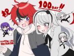  2boys 3girls :d :o ahoge aotsuki_eito arm_hug axe battle_axe black_hairband black_jacket black_ribbon black_streaks blue_eyes blush braid chibi chibi_inset collared_shirt copyright_name earrings frown glasses grey_background grey_hair grey_jacket gun hairband highres holding holding_axe holding_gun holding_scythe holding_weapon hood hoodie jacket jacket_over_hoodie jewelry kashimiya_karua kirifuji_nozomi last_defense_academy_school_uniform long_hair looking_at_another multicolored_hair multicolored_jacket multiple_boys multiple_girls neck_ribbon one_eye_closed purple_eyes purple_hair red_eyes red_hair ribbon rifle school_uniform scythe shirt shizuhara_hiruko short_hair shoshinshac simple_background skirt small_sweatdrop smile streaked_hair sumino_takumi surprised the_hundred_line_-last_defense_academy- two-tone_jacket weapon white_hoodie white_jacket white_shirt 