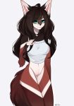  2019 anthro aurasai beta_tata big_breasts blue_eyes bottomless breasts brown_hair canid canine canis clothed clothing digital_media_(artwork) female fox fur hair hi_res long_hair looking_at_viewer mammal pose pussy simple_background smile solo wolf 