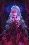  1girl bandage_over_one_eye bandaged_arm bandages bare_shoulders black_pantyhose black_skirt breasts closed_mouth commentary detached_sleeves dress earrings english_commentary flower grey_eyes grey_hair halter_dress halterneck highres holding holding_flower jewelry long_hair looking_at_viewer low_twintails medium_breasts pantyhose phrolova_(wuthering_waves) red_dress red_spider_lily single_detached_sleeve skirt solo tacet_mark_(wuthering_waves) torn_clothes torn_pantyhose twintails very_long_hair wuthering_waves zheng_jian 
