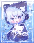  1boy @_@ animal animal_ears bell black_hoodie blue_collar blue_eyes blue_necktie blush_stickers cat cat_ears cat_hair_ornament collar commentary_request cropped_torso hair_between_eyes hair_ornament highres holding holding_animal holding_cat hood hood_up hooded_jacket hoodie jacket long_sleeves male_focus minazuki_lein neck_bell necktie open_mouth original short_hair sleeves_past_fingers sleeves_past_wrists teardrop watermark white_hair x_hair_ornament 