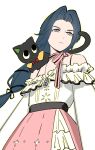  1boy animal animal_on_shoulder belt black_belt black_cat black_ribbon blue_hair bow bow_choker bowtie bra_strap cat cat_on_shoulder choker closed_mouth clothed_animal cosplay cowboy_shot crossdressing crossdressing_(mtf) dog_tags dot_nose expressionless forehead frilled_shirt frilled_skirt frills hair_ribbon high-waist_skirt high_belt highres infinity_nikki layered_skirt long_hair long_sleeves looking_ahead low-tied_long_hair luo_xiaohei luo_xiaohei_(cat) luo_xiaohei_zhanji male_focus momo_(nikki) momo_(nikki)_(cosplay) nikki_(nikki) nikki_(nikki)_(cosplay) nikki_(series) off-shoulder_shirt off_shoulder outline perfect_start_(infinity_nikki) pink_bow pink_bowtie pink_choker pink_skirt red_bow red_bowtie ribbon shirt shuang_yuda_zhanglang simple_background single_stripe skirt snowflake_print striped_bow striped_bowtie striped_choker striped_clothes thick_eyebrows traditional_bowtie tress_ribbon very_long_hair white_background white_shirt white_skirt wuxian_(the_legend_of_luoxiaohei) yellow_cloak yellow_outline 