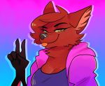 2016 5_fingers absurd_res anthro brown_body brown_fur canid canine clothed clothing crossgender daflummify digital_media_(artwork) female fingers fox fur gesture gradient_background green_eyes hi_res inner_ear_fluff mammal pyrocynical simple_background solo tongue tongue_out tuft v_sign 