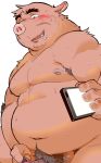  2019 anthro belly blush bodily_fluids chisa_sa darkened_genitals domestic_pig humanoid_hands humanoid_penis male mammal moobs nipples overweight overweight_male penis phone pubes simple_background solo suid suina sus_(pig) sweat white_background 