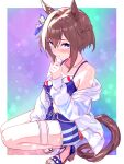  1girl absurdres animal_ears bare_shoulders bikini blue_bikini blue_eyes blue_nails blue_ribbon blue_shorts blush brown_hair cheval_grand_(umamusume) closed_mouth hair_between_eyes hair_ribbon highres horse_ears horse_girl horse_tail jewelry kanon_(user_rrhr4244) nail_polish necklace ribbon sandals short_hair shorts solo squatting swimsuit tail toenail_polish toenails umamusume 