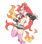  1girl ahoge asymmetrical_gloves bangle bare_shoulders belt bikini black_gloves black_shorts boots bracelet breasts clenched_hand elbow_gloves fingerless_gloves fire flame_print foot_out_of_frame gloves grin hair_between_eyes hair_ornament highres jewelry long_hair looking_at_viewer medium_breasts micro_shorts midriff navel open_fly orange_eyes outstretched_hand parted_lips pink_scarf pink_thighhighs ponytail print_bikini red_hair scarf shorts single_sidelock skull_hair_ornament smile solo starrymarii studded_belt studded_bracelet swimsuit tengen_toppa_gurren_lagann thighhighs underboob white_background white_boots yoko_littner 