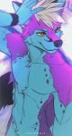  2019 5_fingers angiewolf anthro blue_body blue_fur canid canine canis digital_media_(artwork) fingers fur hair male mammal orange_eyes purple_body purple_fur smile solo standing white_hair wolf 