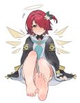  1girl admiralkeyes arknights barefoot blue_archive blue_neckerchief blush breasts closed_mouth cosplay detached_wings dress embarrassed exusiai_(arknights) feet flower flying_sweatdrops full_body hair_flower hair_ornament hair_over_one_eye halo highres knees_up looking_at_viewer mari_(blue_archive) mari_(blue_archive)_(cosplay) neckerchief no_shoes nose_blush one_side_up orange_eyes red_hair sailor_collar short_hair simple_background sitting small_breasts soles solo toes traditional_halo wavy_mouth white_background white_sailor_collar wings yellow_halo 