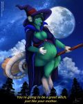  2019 aimee-lesley-sim anthro belly big_belly big_breasts black_hair breasts broom brown_eyes clothing cloud curvy_figure dialogue female flying full_moon fur green_body green_fur hair halloween hand_on_stomach hat headgear headwear hi_res holidays long_tail looking_down magic_user mammal moon mouse murid murine night pregnant rodent signature sitting smile solo star text tongue tree voluptuous watermark witch 