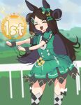  1girl :d animal_ears black_hair black_thighhighs blue_sky blush bow closed_eyes commentary cowboy_shot dancing day double_bun dress ear_bow english_commentary fang flipped_hair flossing_(dance) fortnite fortnite_dance_(racehorse) green_bow green_dress grey_thighhighs hair_bun hair_ornament hairclip highres horse_ears horse_girl kinografy long_hair open_mouth outdoors personification puffy_short_sleeves puffy_sleeves real_life short_sleeves sidelocks sky smile solo swept_bangs thighhighs umamusume 