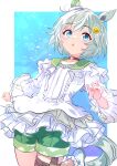  1girl absurdres animal_ears blue_eyes blush breasts collar collarbone commentary_request frills grey_hair hair_between_eyes hair_ornament highres horse_ears horse_girl horse_tail kanon_(user_rrhr4244) looking_at_viewer medium_hair seiun_sky_(umamusume) shorts simple_background sky small_breasts solo tail umamusume 