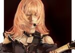  1girl aegyo_sal bang_dream! bang_dream!_it&#039;s_mygo!!!!! blonde_hair chinese_commentary clothing_cutout commentary_request doloris_(bang_dream!) electric_guitar guitar highres instrument medium_hair microphone misumi_uika nail_polish photo-referenced red_nails sasaki_rico_(voice_actor) shoulder_cutout solo upper_body voice_actor voice_actor_connection xiao_huajii 