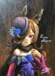  1girl absurdres animal_ears bare_shoulders blue_dress blue_flower blue_hat breasts brown_hair detached_collar dress estrella_(uypu4574) flower fur_collar hair_over_one_eye hat hat_flower highres horse_ears horse_girl long_hair open_mouth pink_sleeves purple_eyes rice_shower_(umamusume) small_breasts solo traditional_media umamusume upper_body 
