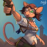 1:1 belly belt belt_bra belt_buckle bottomwear breasts buckle butt carrioncat cleavage clothed clothing crossbow eyewear female glasses hi_res holding_object holding_weapon mammal murid murine nerd open_clothing open_shirt open_topwear pants ranged_weapon rat rodent shirt short_stack slightly_chubby slightly_chubby_female tail tongue tongue_out topwear weapon