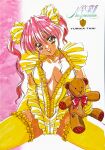  1990s_(style) 1girl brown_eyes center_opening character_name copyright_name elbow_gloves frilled_leotard frills gloves graduation_(series) grin head_tilt holding holding_stuffed_toy leotard long_hair looking_at_viewer marker_(medium) neck_garter non-web_source official_art pink_hair retro_artstyle scan smile solo sotsugyou_ii:_neo_generation spread_legs stuffed_animal stuffed_toy takei_masaki tani_yurika teddy_bear thighhighs traditional_media twintails yellow_gloves yellow_leotard yellow_thighhighs 