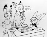  2019 anthro black_and_white bottomwear canid canine clothed clothing coffee_mug dialogue dipstick_ears disney english_text facial_markings fangs fennec finnick fox fully_clothed fur furniture group half-closed_eyes head_markings head_tuft hi_res inktober inner_ear_fluff jack_savage lagomorph leporid mammal markings monochrome multicolored_ears nick_wilde open_mouth pants rabbit shirt simple_background sitting stool striped_body striped_fur stripes t-shirt table teeth text theblueberrycarrots topwear tuft white_background zootopia 