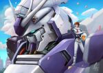  1boy amuro_ray artist_request blue_eyes brown_hair building char's_counterattack char's_counterattack_-_beltorchika's_children cloud cloudy_sky earth_federation gundam helmet hi-nu_gundam holding holding_unworn_helmet looking_at_viewer machinery mecha mecha_pilot_suit mobile_suit realistic robot science_fiction signature sky unworn_headwear unworn_helmet v-fin 