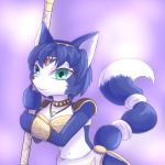  1:1 2019 anthro armor black_nose blue_body blue_fur blue_hair breasts canid canine cleavage clothed clothing digital_media_(artwork) dipstick_tail eyebrows eyelashes female fox fur green_eyes hair hi_res holding_object jewelry krystal krystal&#039;s_staff loincloth looking_at_viewer mammal multicolored_tail navel necklace nintendo purple_background short_hair simple_background smile solo standing star_fox tailband unknownlifeform video_games white_body white_fur 