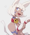  2019 alternate_color alternate_costume animal_humanoid belt_pouch blue_eyes cat_humanoid clothing collar collarbone fangs felid felid_humanoid feline feline_humanoid female gloves grey_background hair handwear humanoid mammal mammal_humanoid nadia_fortune open_mouth scar simple_background skullgirls solo video_games white_clothing white_gloves white_hair 