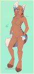  2015 4_toes 5_fingers anthro blue_eyes breasts brown_body brown_fur brown_nose canid canine canis digital_media_(artwork) domestic_dog featureless_breasts featureless_crotch female fingers fur green_background hi_res mammal senimasan simple_background solo standing toes 