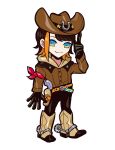 1boy anime_coloring aqua_belt aqua_eyes arm_at_side asymmetrical_bangs asymmetrical_hair belt belt_buckle black_gloves boots brown_boots brown_hair brown_hat brown_hood brown_jacket brown_leggings brown_sleeves buckle buttons closed_mouth cowboy_boots cowboy_hat cowboy_western crazy_raccoon crossed_belts facing_viewer full_body gloves gradient_eyes gradient_hair gun hat hat_ornament hat_tip holster holstered hood hood_down hooded_jacket horseshoe horseshoe_hat_ornament horseshoe_ornament jacket leggings legs_apart long_sleeves looking_at_viewer makiba_(gamer) male_focus medium_hair multicolored_eyes multicolored_hair official_art open_hand orange_belt orange_hair puppeteer7777 revolver second-party_source smile solo spurs standing star_(symbol) star_hat_ornament star_ornament straight_hair tachi-e thick_lineart transparent_background two-tone_eyes weapon yellow_eyes 