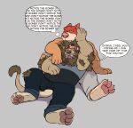 absurd_res affectionate anthro arm_around_another arm_around_partner arm_around_shoulder aroused aroused_by_another aroused_male barefoot biceps blue_bottomwear blue_clothing blue_pants blue_shirt blue_topwear blush blushing_profusely bottomwear british british_accent british_slang brown_body brown_fur brown_nose bulge canid canine canis claws clothed clothing cuddling dialogue domestic_dog duo embarrassed embarrassed_expression embarrassed_horny embarrassed_male english_text erection erection_under_bottomwear erection_under_clothing erection_under_pants eyebrows fangs feet felid feline flirting fur grey_bottomwear grey_clothing grey_pants grey_sweatpants grumpy hand_on_face hi_res holding_another holding_partner lion love lying lying_on_another lying_on_partner male male/male mammal mane manly muscular muscular_anthro muscular_male on_back orange_body orange_fur pantherine pants pink_nose pit_bull relaxing resting resting_on_partner shirt speech_bubble spread_legs spreading syncrotrace tail teasing teeth text thick_arms thick_eyebrows topless topless_anthro topless_male topwear tough_guy unwanted_erection whiskers