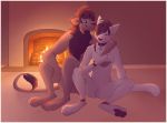  2017 4_toes 5_fingers anthro blue_eyes collar digital_media_(artwork) domestic_cat duo felid feline felis fingers fire fur lion male mammal nude pantherine pawpads senimasan sitting smile toes white_body white_fur 