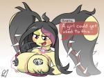  big_breasts blush bodily_fluids breasts lactating mega_evolution mega_mawile nintendo pok&eacute;mon pok&eacute;mon_(species) text video_games 