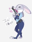  &lt;3 anthro claws clothed clothing dipstick_ears disney fully_clothed fur grey_background grey_body grey_fur holding_object holding_weapon judy_hopps lagomorph leporid looking_at_viewer mammal multicolored_ears one_eye_closed police_uniform rabbit scut_tail simple_background solo standing toeless_legwear u-min uniform weapon white_body white_fur zootopia 