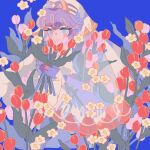  1girl blonde_hair blue_background blue_dress blue_eyes bouquet closed_mouth commentary cookie_run cookie_run:_kingdom cropped_legs dress expressionless flower hands_up holding holding_bouquet humanization looking_ahead multicolored_hair nun pastry_cookie purple_hair red_flower red_tulip reed see-through_clothes see-through_veil short_hair simple_background sitting streaked_hair swept_bangs symbol-only_commentary tulip two-tone_hair veil white_flower 