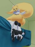  4_toes barefoot blue_eyes butt canid canine chest_tuft claws deviantchump digimon digimon_(species) feet female foot_focus furniture hi_res hindpaw looking_at_viewer mammal nude pawpads paws plantigrade renamon smile sofa soles toe_claws toes tuft 