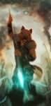  2014 aircraft anthro armor black_nose brown_body brown_fur canid canine canis clothed clothing fangs fluffy fluffy_tail front_view fully_clothed fur headgear helmet hi_res holding_object holding_weapon inner_ear_fluff mammal outside seylyn sky snarling solo stargate teeth tongue tuft weapon wolf 