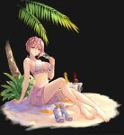  1girl absurdres alcohol barefoot beach beach_towel bikini breasts brown_eyes bucket champagne champagne_bottle cleavage commentary cup english_commentary flower footwear_flower full_body halterneck hand_on_ground high_heels highres holding holding_cup ice ice_bucket ji_yu_lee king's_raid medium_breasts medium_hair official_alternate_costume official_art on_ground palm_tree pink_hair pink_sarong purple_flower purple_shoes sand sarong shoes sitting smile solo swimsuit thigh_strap towel tree unworn_shoes white_bikini yuria_(king's_raid) 