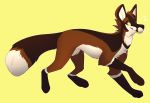  2016 ambiguous_gender brown_body brown_fur canid canine digital_media_(artwork) feral fox fur mammal paws senimasan simple_background solo yellow_background yellow_eyes 