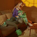 3d_(artwork) asher_sterling bangs beanthusiast biped blender_(artwork) bottomwear caressing caressing_face claws clothed clothing digital_media_(artwork) digitigrade eyes_closed eyewear feather_necklace feathers feet fur furniture glasses hair hand_on_chest hi_res holding_another holding_head horn horn_jewelry horn_ring hybrid jewelry kangaroo leggings legwear long_hair looking_at_another lying lying_on_another macropod maleherm_(lore) mammal marsupial mocha_(rosebur) mustelid necklace on_back on_lap on_sofa ottaroo otter pants pawpads paws pillow ring ring_(jewelry) shirt smile sofa sunset sweater table tail toe_claws toes topwear turtleneck vest whiskers wickerbeast