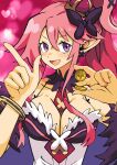  1girl :d batchgooya between_breasts black_bow blush bow bracelet breasts coin crown demon_girl detached_collar disgaea fang feather_boa gold_coin hair_bow heart heart_background highres holding holding_coin jewelry l_hand large_breasts makai_senki_disgaea_5 mini_crown necktie necktie_between_breasts pink_background pink_hair pointy_ears ponytail purple_eyes red_crown red_necktie seraphina_(disgaea) shirt sleeveless sleeveless_shirt smile 