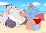  2019 beach behemoth_(housamo) belly butt chernobog clothing demon duly_noted eyewear feeding footwear goggles hi_res horn male monster moobs morbidly_obese muscular muscular_male navel nipples obese overweight pudding sandals seaside speedo swimwear tokyo_afterschool_summoners video_games wetsuit 