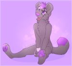  2015 anthro biped black_body black_fur digital_media_(artwork) domestic_cat felid feline felis fur hair male mammal nude open_mouth pawpads purple_eyes purple_hair purple_nose senimasan sitting solo teeth tongue 