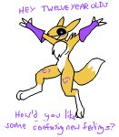  3_fingers 3_toes ambiguous_gender black_nose black_sclera blue_eyes clothing digimon digimon_(species) english_text fingers humor kazerad low_res markings renamon solo text toes tuft 