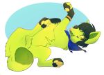  2016 4_toes ambiguous_gender black_hair canid canine digital_media_(artwork) feral fur green_body green_fur hair mammal senimasan simple_background solo toes yellow_body yellow_fur 