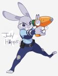  anthro claws clothed clothing dipstick_ears disney fully_clothed fur grey_background grey_body grey_fur holding_object holding_weapon judy_hopps lagomorph leporid mammal multicolored_ears pink_nose police_uniform rabbit scut_tail simple_background smile solo standing toe_claws toeless_legwear u-min uniform weapon white_body white_fur wide_stance zootopia 