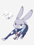  anthro buckteeth clothed clothing disney fully_clothed fur grey_background grey_body grey_fur gun holding_object holding_weapon judy_hopps lagomorph leporid looking_at_viewer mammal police_uniform rabbit ranged_weapon scut_tail simple_background solo teeth toeless_legwear u-min uniform weapon zootopia 