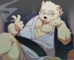  2019 anthro belly blue_eyes bulge clothing eyewear glasses hi_res humanoid_hands konbu leib_(tas) male mammal overweight overweight_male polar_bear robe solo tokyo_afterschool_summoners ursid ursine video_games 