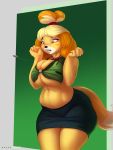  animal_crossing anthro atsuii big_breasts breasts brown_eyes button_(fastener) canid canine canis cleavage clothed clothing collaboration domestic_dog female hair hi_res isabelle_(animal_crossing) mammal nintendo pinup pose racoe shih_tzu slightly_chubby thick_thighs toy_dog video_games wardrobe_malfunction wide_hips 