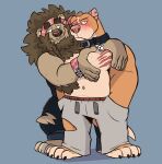 affectionate anthro arm_around_another arm_around_neck arm_around_partner arm_around_shoulders arm_around_waist aroused aroused_by_another aroused_male barefoot belly biceps big_muscles black_bottomwear black_clothing black_collar black_pants black_shirt black_topwear blue_background blush blushing_profusely body_hair bottomwear brown_body brown_fur canid canine canis chest_fondling chest_hair chest_scar clothed clothing collar collar_tag domestic_dog drawstring drawstring_bottomwear drawstring_clothing drawstring_pants duo eyebrows feet felid feline flirting fur grabbing_another grabbing_partner grey_bottomwear grey_clothing grey_pants grey_sweatpants groping_chest groping_pecs grumpy hand_in_pocket hi_res holding_another holding_partner leaning leaning_on_another lion looking_at_viewer love male male/male mammal mane manly mischevious muscular muscular_anthro muscular_male nipple_fetish nipple_play nipples nuzzling orange_body orange_fur pantherine pants pec_grab pec_play pec_scar pecs pink_nose pit_bull pockets red_bandana red_clothing rubbing_chest scar secretly_loves_it shadow shirt simple_background skull_collar skull_collar_tag stroking_chest sweatpants syncrotrace teasing thick_arms thick_eyebrows topless topless_anthro topless_male topwear torn_bottomwear torn_clothing torn_pants tough_guy whiskers