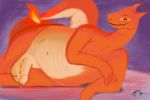  2019 anthro balls charizard dragon epitaphkho_(artist) fire flaming_tail lying male nintendo nude on_side penis pok&eacute;mon pok&eacute;mon_(species) red_body scalie simple_background slightly_chubby smile solo uncut video_games white_body 