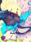  2016 black_body black_fur blonde_hair blue_hair canid canine canis digital_media_(artwork) duo feral fur hair hi_res mammal red_eyes senimasan smile spots spotted_body spotted_fur wolf 