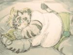  2019 anthro bed belly book bulge clothing eyewear felid furniture glasses humanoid_hands licho_(tas) male mammal overweight overweight_male pantherine reading shirt solo takakei1 tiger tokyo_afterschool_summoners topwear underwear video_games 