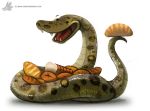  ambiguous_gender anaconda black_eyes boa_(snake) boinae bread cryptid-creations dot_eyes fangs feral food green_body green_scales humor open_mouth reptile scales scalie simple_background smile snake solo white_background 